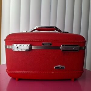 Vintage American Tourister Tiara Red Vinyl Vanity Case Train Case w/Mirror